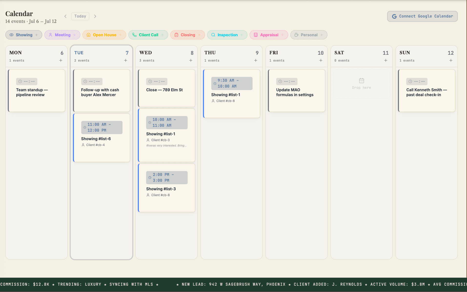 Calendar with showings booked and tracked