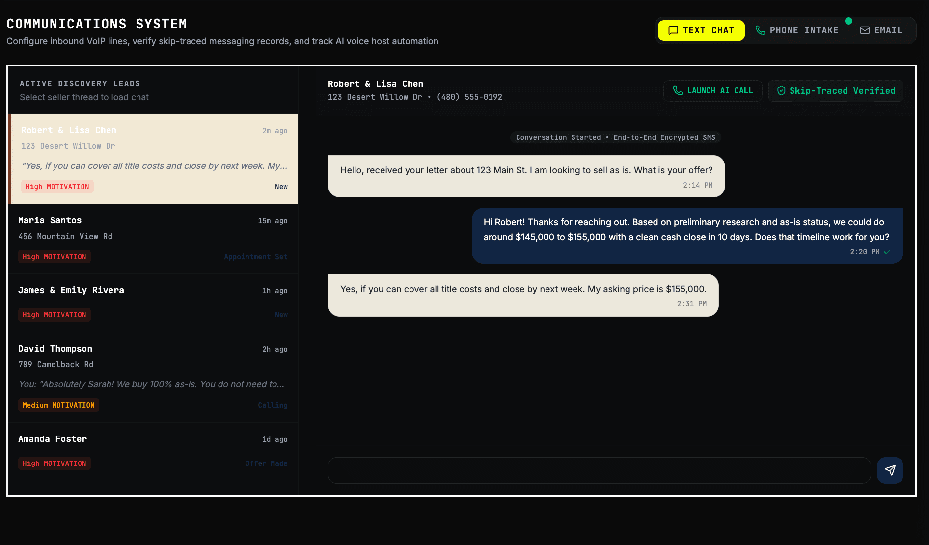 Communications view showing call and SMS activity